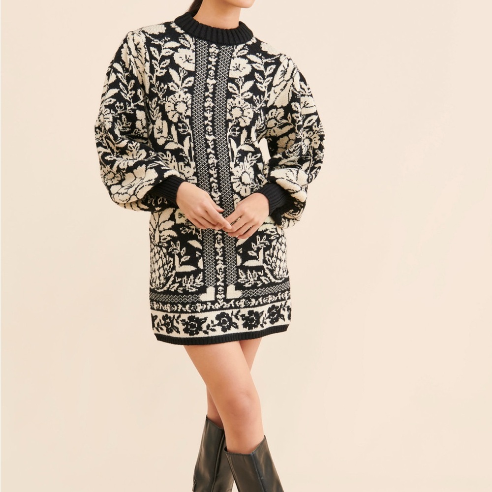 Farm Rio Black Pineapple Garden Mini Sweater Dress PINEAPPLE GARDEN BLACK XS